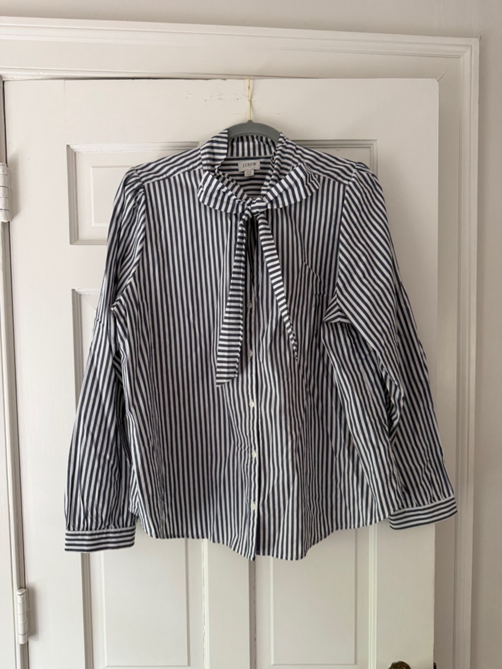 J. Crew Factory Navy & White Striped Tie-Neck Button-Up Shirt